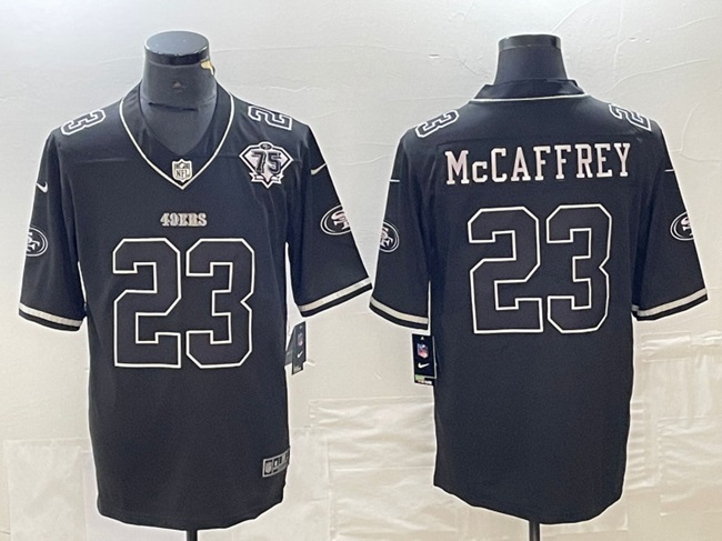 Men's San Francisco 49ers #23 Christian McCaffrey Black With 75th Anniversary Patch Football Stitched Jersey